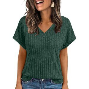 👑 Women's Dark Green Short Sleeve Cute V Neck Ribbed Knitwear Pullover Sweater